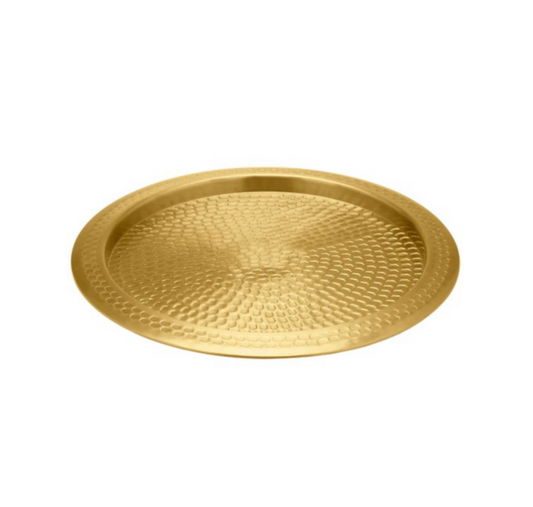 Hammered Brass Round Tray with Wood Handles