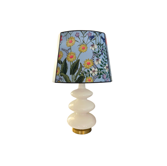 White Glass Table Lamp with Gucci New Flora Blue Wallpaper Lampshade