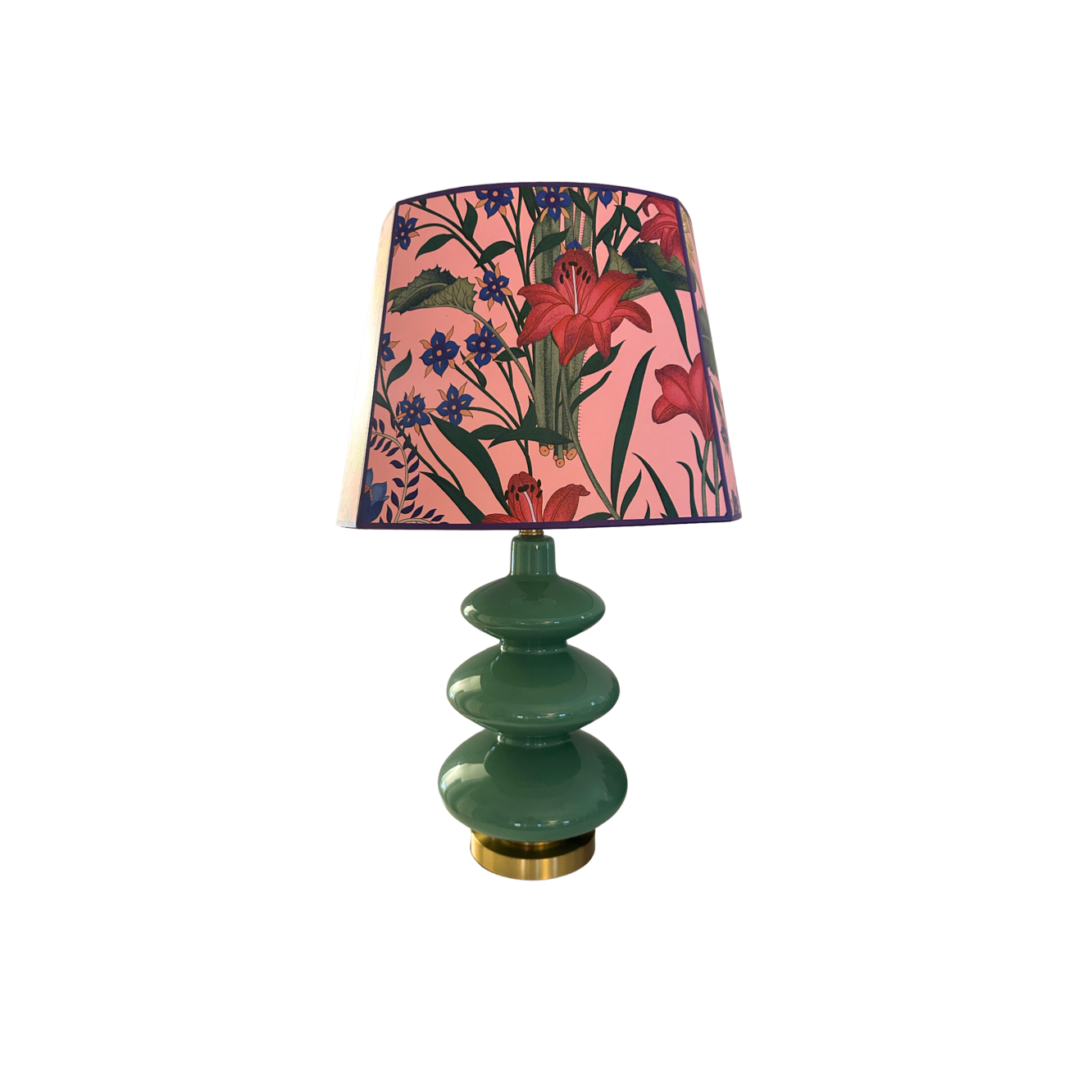 Emerald Green Glass Table Lamp with Gucci New Flora Pink Wallpaper Lampshade